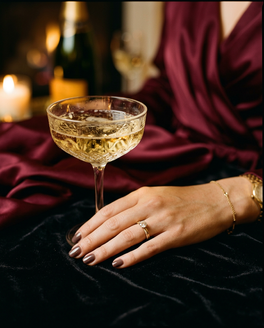 Hand with a gold ring on black velvet beside a champagne coupe