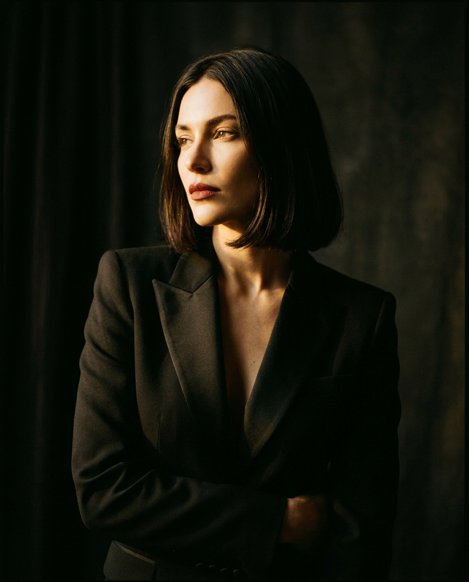 Confident woman in a black blazer, half in shadow